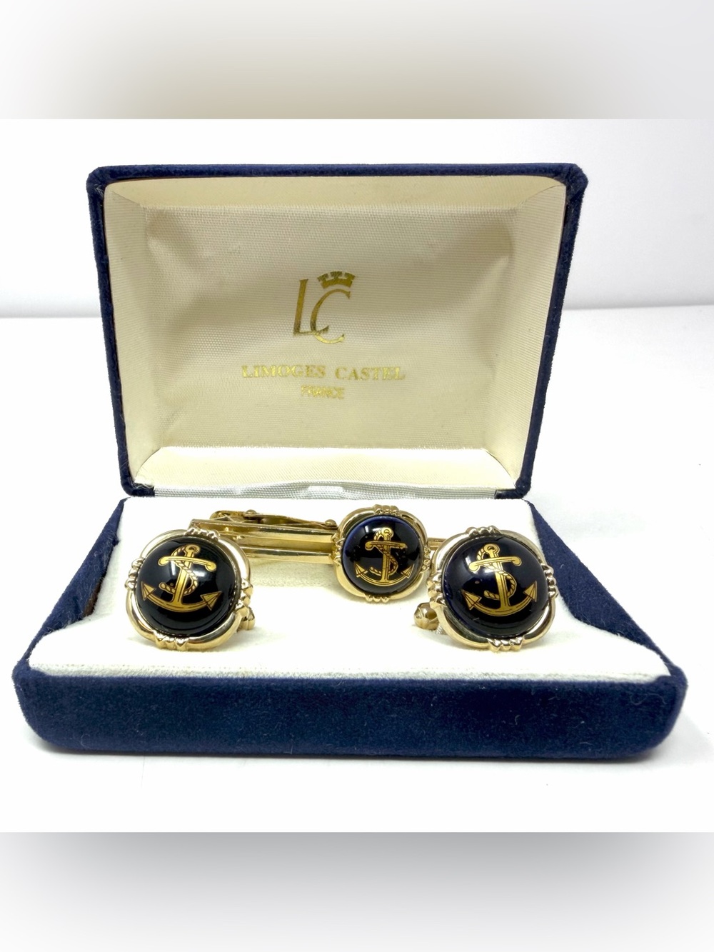 Limoges Castels France Cufflinks & Tie Clip Set Gold Color Navy Nautical Anchor